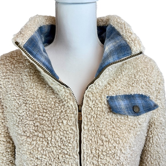 PENDLETON Ivory Fleece Full Zip Jacket Sz Large Wool Plaid‎ Lined Sherpa Coat - Picture 3 of 12